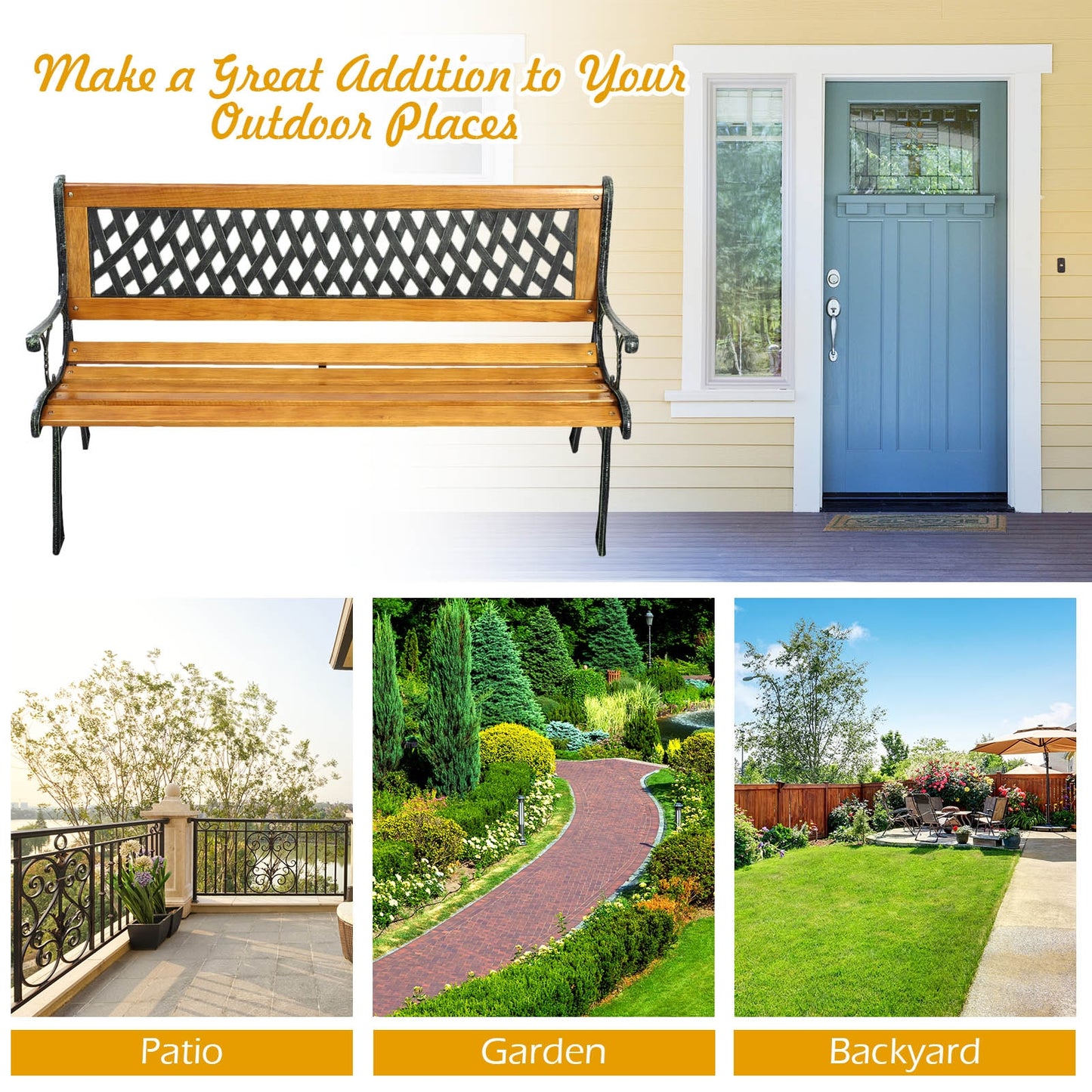 Cast Iron Outdoor Patio Bench - Solid Wood Seat, 463 lbs Capacity