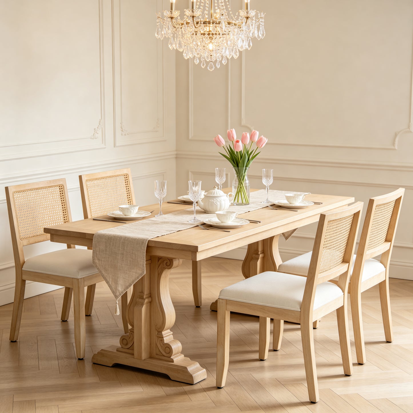 Set of 2 Mid Century Modern Rattan Dining Chairs - Beige