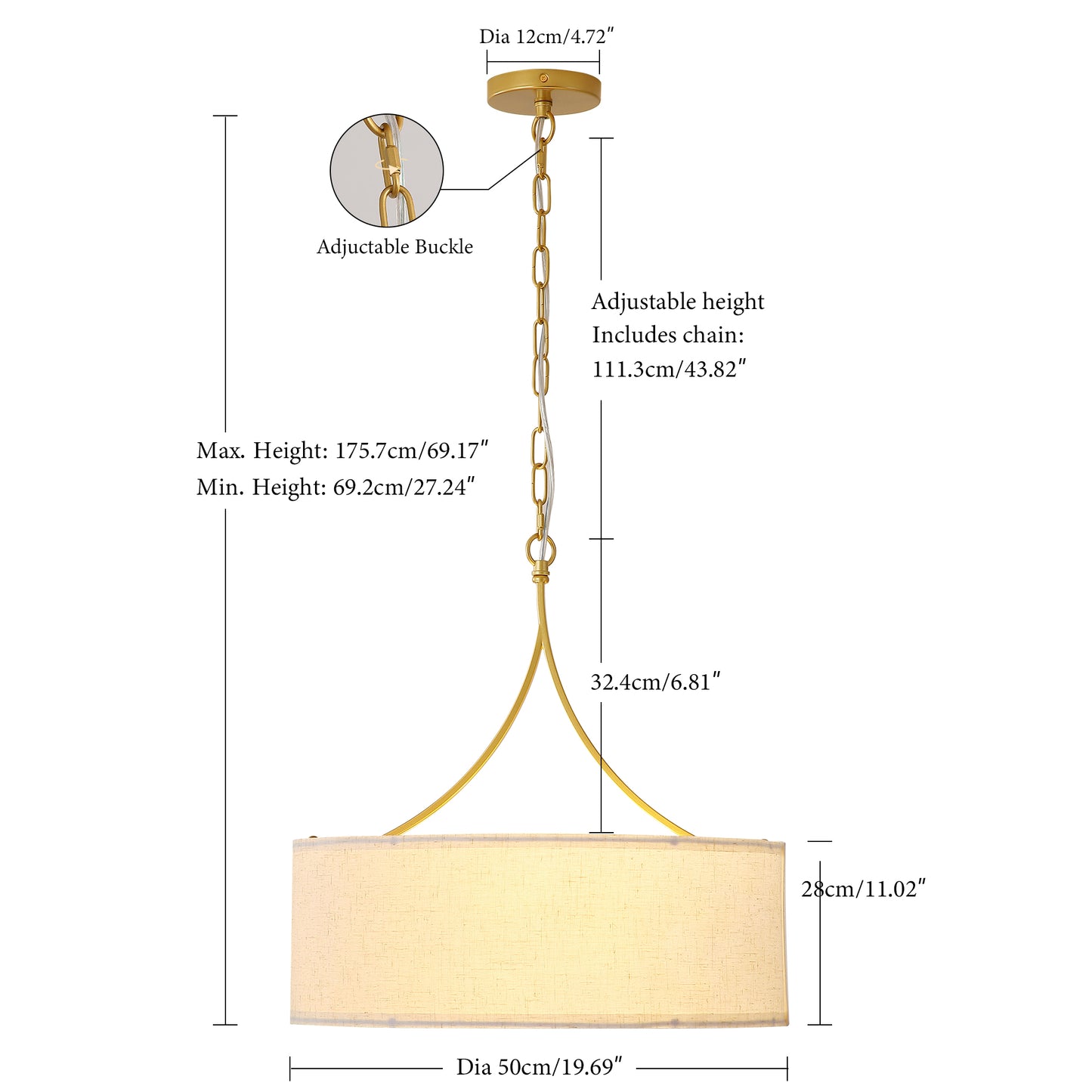Golden Fabric Pendant Light - Adjustable Drum Chandelier for Dining & Living Rooms