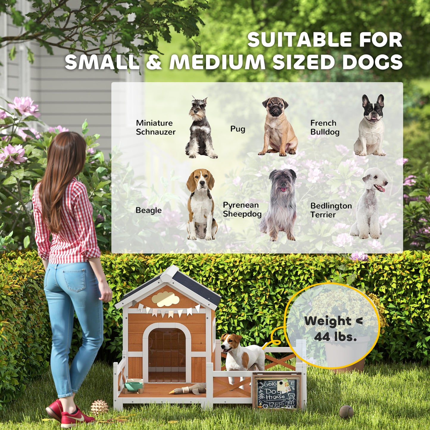 Outdoor Wooden Dog House with Porch, Weatherproof Roof & Removable Floor