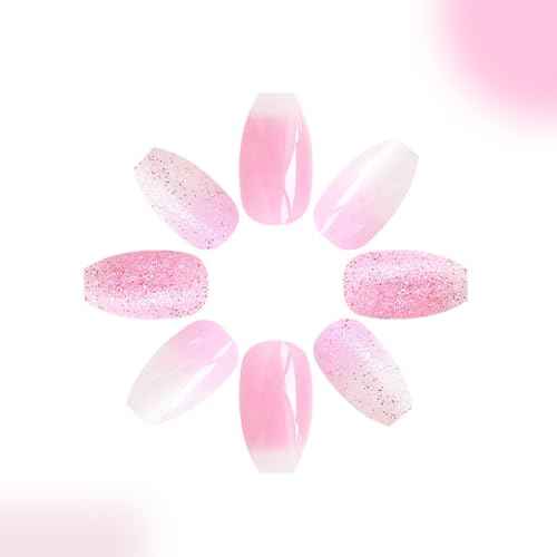 24pcs Pink Glitter Press-on Nails - Medium Coffin Style, Bling Acrylic, Gradient Design, Full Cover French False Nails, Artificial Glue-on Tips for Women & Girls - Glossy Finish