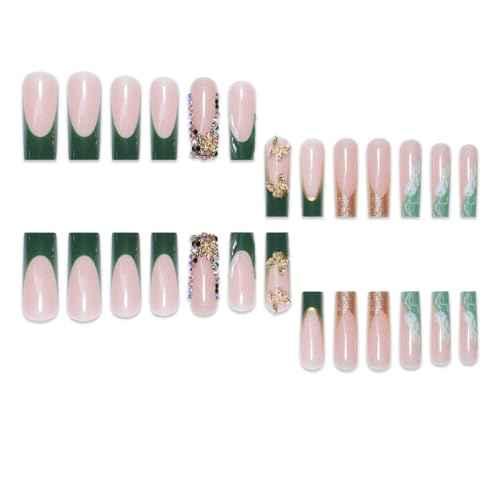 Square Press on Nails Long Fake Nails Green French Tip False Nails with 3D Butterfly Rhinestones Design Nude Pink Artificial Acrylic Nails Full Cover Glossy Spring Stick on Nails for Women Girls 24Pcs