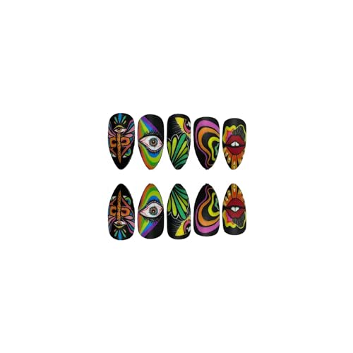 Almond Press on Nails Medium Length Black Fake Nails Matte Stick on Nails Full Cover False Nails with Colorful Graffiti Abstraction Lips Design Acrylic Nails Evil Eye Mushroom Glue on Nails for Women