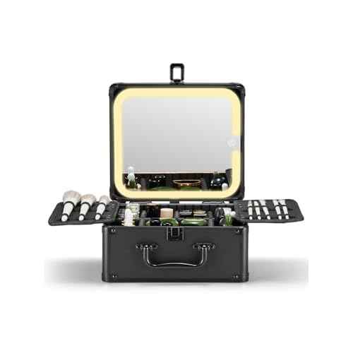 Qislee Makeup Box with A Detachable Lighted Mirror, Waterproof Travel Train Case, Cosmetic Organizer and Makeup Suitcase with Adjustable Dividers, Magnetic LED Mirror (Black)