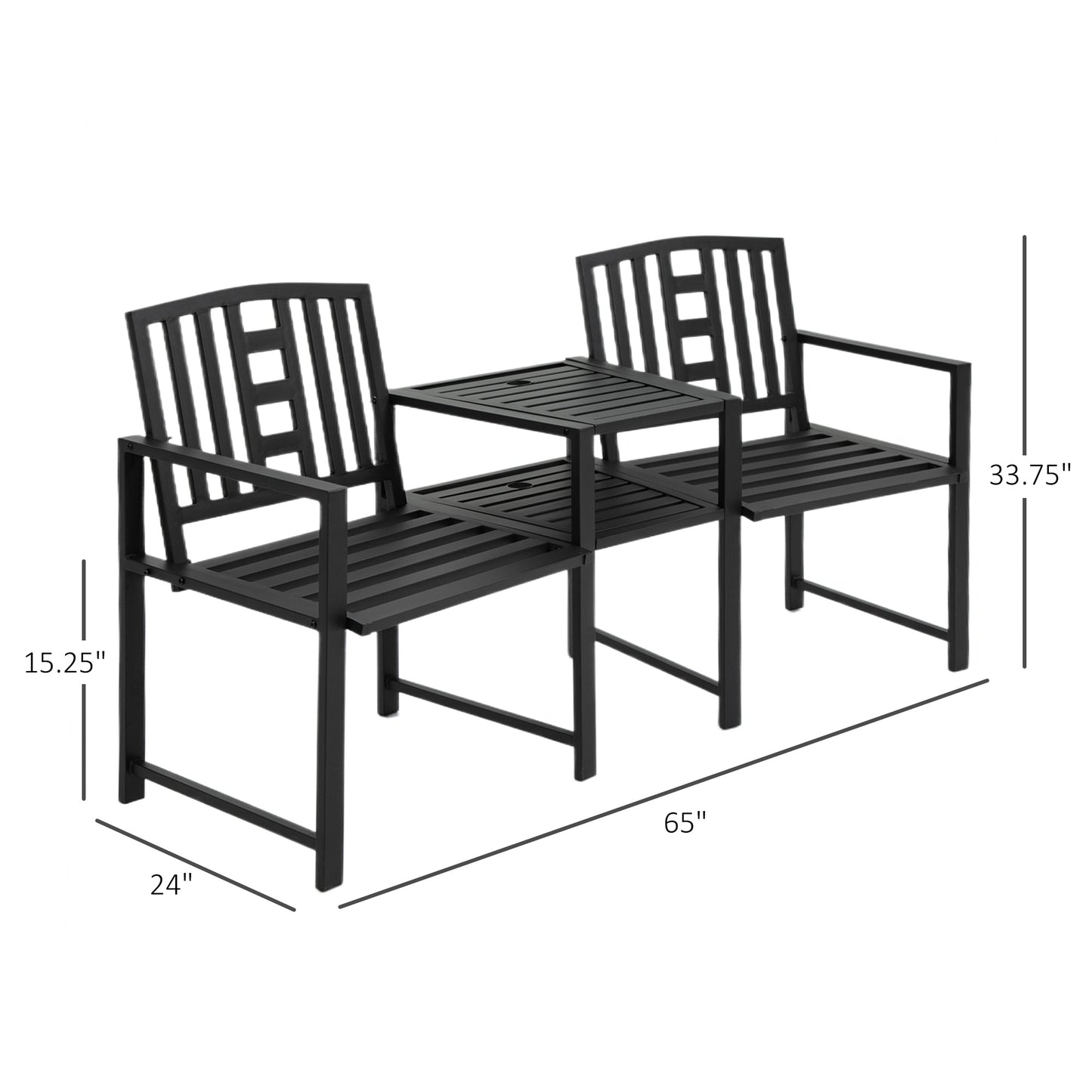 Metal Garden Bench with Table & Umbrella Hole - Black
