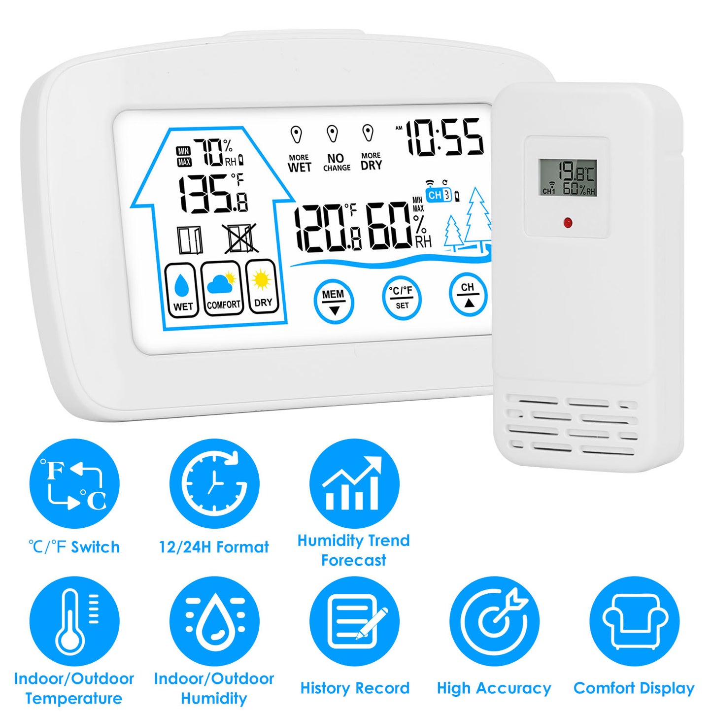 Wireless Indoor Outdoor Weather Station with Clock & Sensor - White