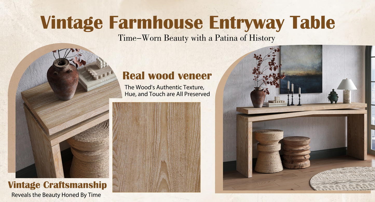 65-Inch Rustic Solid Wood Veneer Console Table - Antique Natural