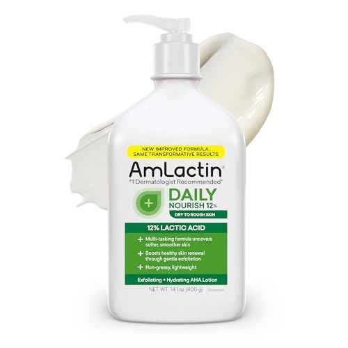 AmLactin Daily Nourish - Therapeutic Body Lotion for Dry Skin - No-Scrub Exfoliator and Moisturizer with 12% Lactic Acid AHA, 14.1 oz (Packaging May Vary)
