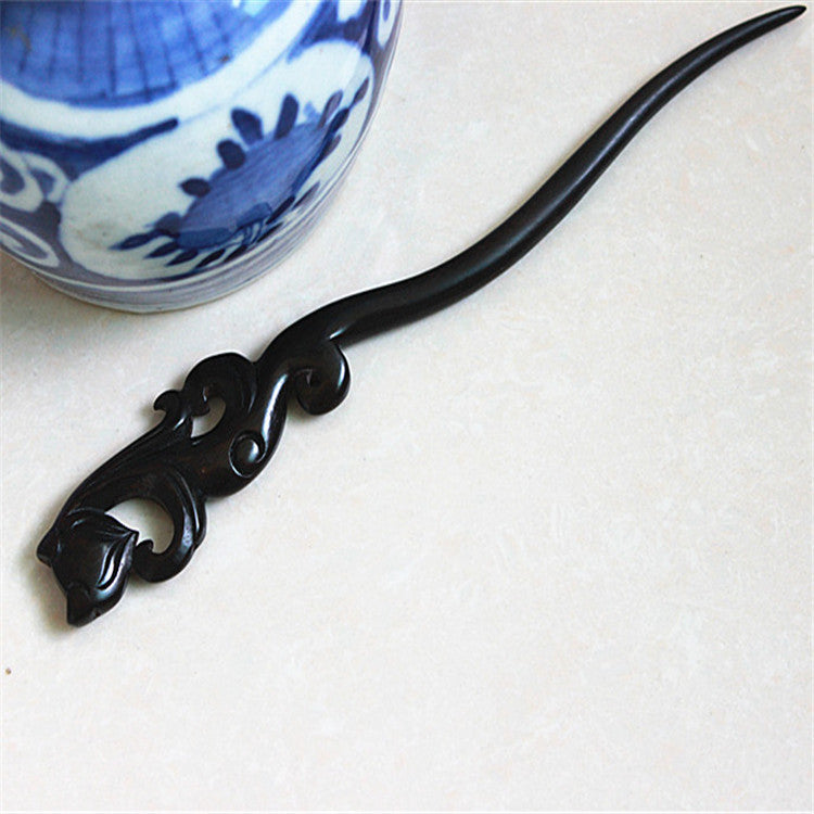 Handmade Ebony Hairpin with Inlaid Flower Pattern - Enchantress Blackwood