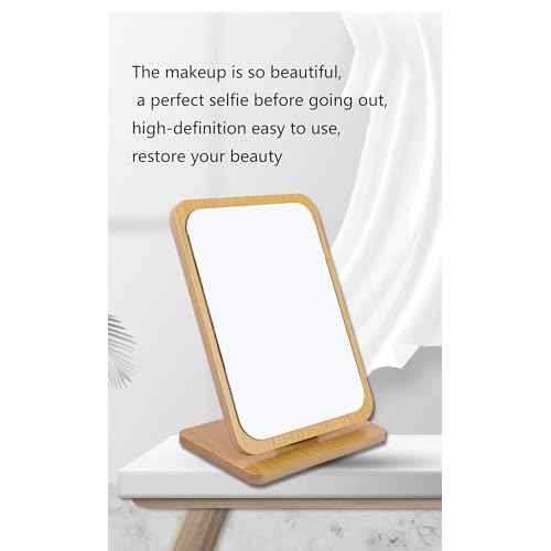 1 PC Rectangular Compact Table Mirror Vertical Wood Frame Mirror Table Mirror 90 Degree Rotation Makeup Mirror Back Stand Makeup Mirror (Vertical)