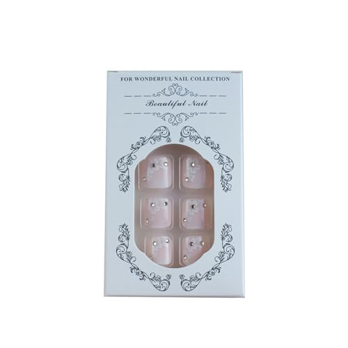 French Tip Press On Toenails, 24 Pcs Short Square Toe Press On Nails with Rhinestone Flower Design, Solid Pink Gradient Full Cover Fake Toenails Glue On Toe Nails Kit for Women-Gradient French Flower