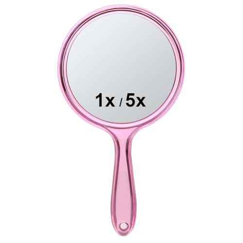 Handheld Mirror with Handle, 10.5 x 5.7 inches, Double-Sided 1X/5X Magnification Travel Makeup Mirror for Women, Pink