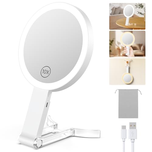 Benbilry Lighted Makeup Vanity Mirror, 10X Magnifying Mirror with Light 3 Colors, Adjustable Brightness & Stand, Tabletop & Hanging, 3 in 1 Portable Type-C Rechargeable, White