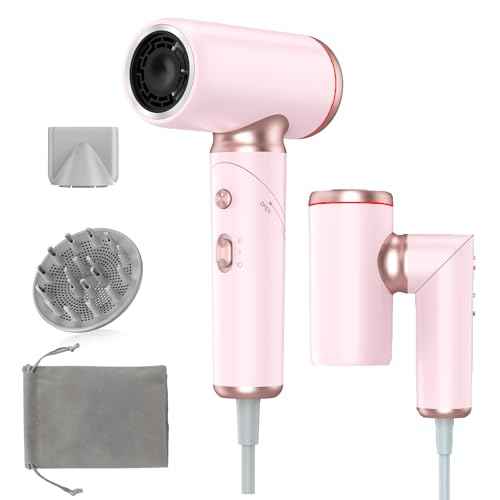 Travel Hair Dryer Dual Voltage for Europe Foldable, High Speed Ionic Blow Dryer Fast Drying,100-240V Portable Dryers with Magnetic Nozzles,1300W, Pink