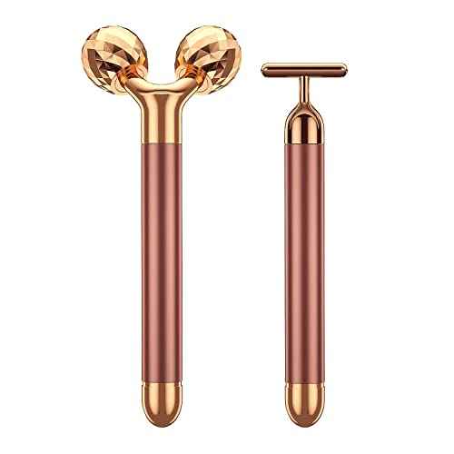 2-IN-1 Beauty Bar 24k Golden Pulse Facial Face Massager, Electric 3D Roller and T Shape Arm Eye Nose Head Massager Facial Roller Massager Kit Skin Care Tools