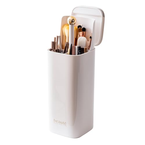 Makeup Brush Holder Organizer, One Touch for Open, Dustproof Make Up Organizer with Lid for Vanity Bathroom Countertop,White