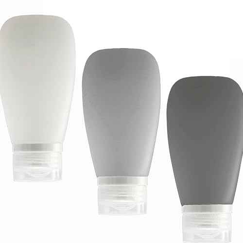 Travel Bottles for Toiletries, TSA Approved 3oz (90ml) Leak Proof Silicone Refillable Squeeze Travel Size Containers BPA Free for Cleansers, Lotions, Shampoo 3-pk (Black-Gray-White)