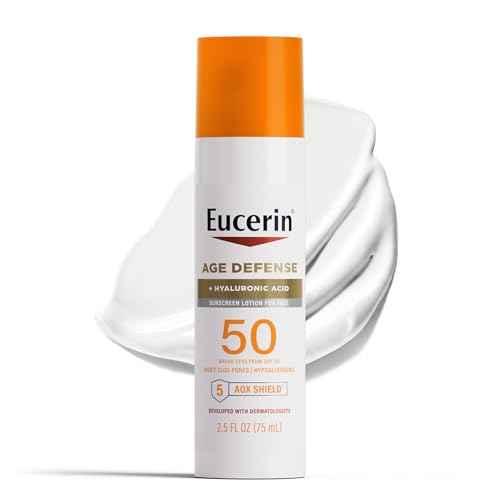 Eucerin Sun Age Defense SPF 50 Face Sunscreen Lotion with Hyaluronic Acid, Hypoallergenic, Non-Comedogenic Sunscreen SPF 50 Free of Fragrance, Oxybenzone and Octinoxate, 2.5 Fl Oz Bottle