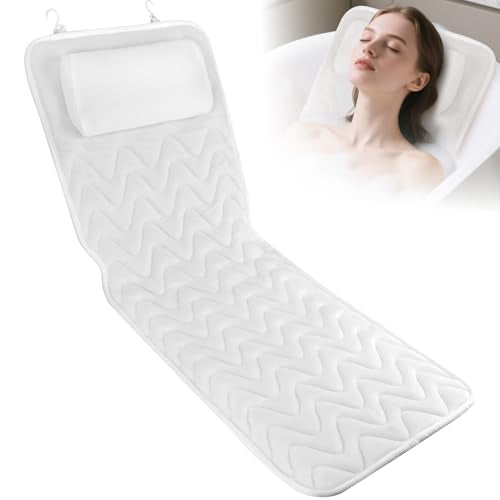Full Body Bath Pillow for Tub, Soft Bathtub Pillow for Neck and Back Support, Washable 4D Mesh Bathtub Cushion with 11 Non-Slip Suction Cups, White