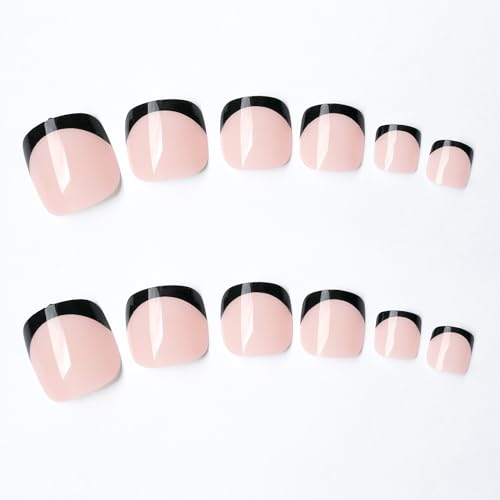 Black French Tip Press on Toenails, 120Pcs French Toe Nails Press on with Glue, Glossy Short Square Nude Fake Toenails Full Cover Acrylic Artificial Toenail for Women Girls
