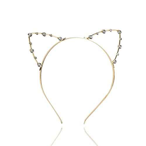 Jilukibo Rhinestone Cat Ears Headband Crystal Kitty Hair Band for Women, Lovely Alloy Cat Ears Hair Hoop for Halloween Cosplay Costume Party (Gold)