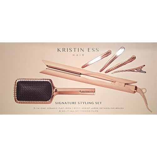 Kristin Ess Hair Styling Gift Set 3-in-1 Ceramic Flat Iron Bundle - 1.25inch Dual Voltage Ceramic Hair Straightener + Detangling Brush + Sectioning Clips - 4 Heat Settings 440 Degrees + Auto Shut Off