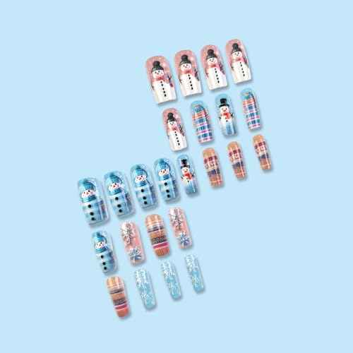 Christmas Press on Nails Medium Square Blue Fake Nails with Snowman Snowflake Designs Cute Winter Nails Press ons Gel Acrylic Glue on Nails Medium Length Holiday Stick on Nails for Women Girls 24Pcs