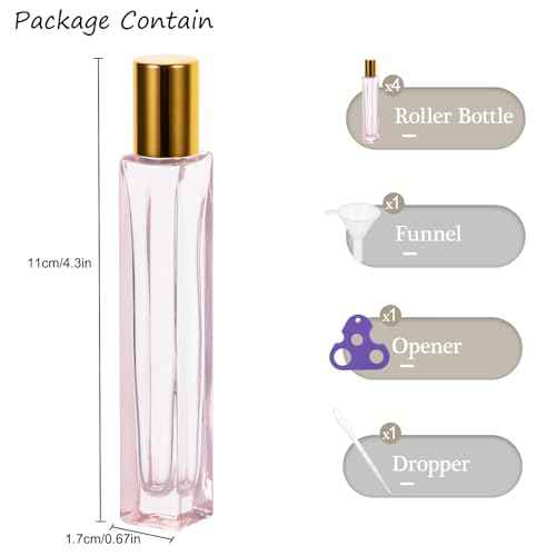 Yebeauty Glass Roller Bottles for Essential Oils 10ml Compact Travel Roll on Bottles for Oil Massage with Golden Aluminum Cover, 4 Pack Perfume Rollerball Empty with Opener, Funnel, Dropper, Pink