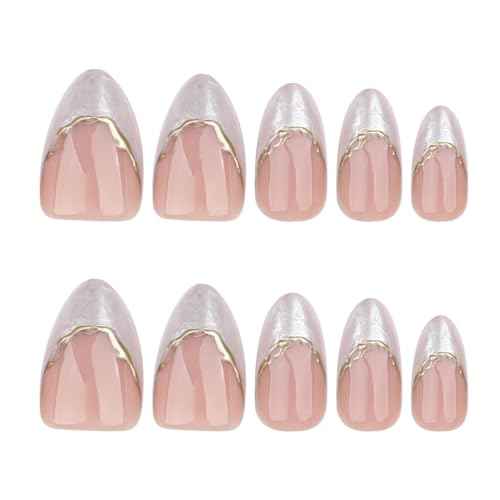 Almond Press on Nails Short Fake Nails White French Glue on Nail Glod & Brown Full Cover Acrylic Nails Smudge Reusable False Simple Stick on Nail for Women 24 Pcs