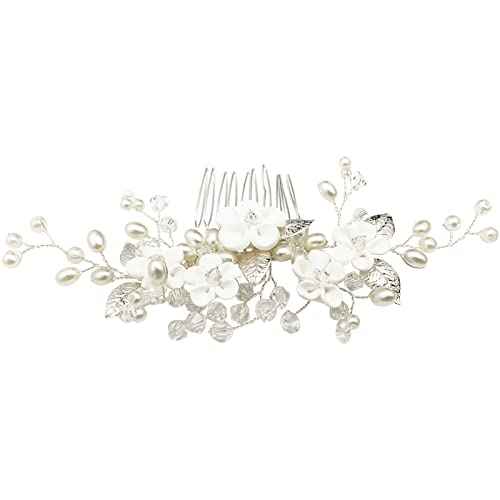 Flower Bridal Hair Vine Pieces with Comb Pearl Floral Rhinestone Leaf White Wedding Hair Pin Accessories for Women and Girls (White Flower Silver Leaf)