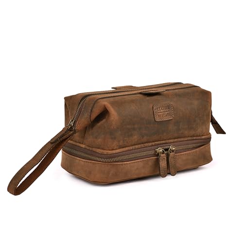LEATHER VILLAGE Genuine Leather Dopp Kit ? Large Travel Toiletry Bag with Waterproof Lining, Dual-Zip Design for Men & Women, Organizer for Shaving, Makeup & Essentials - Brown