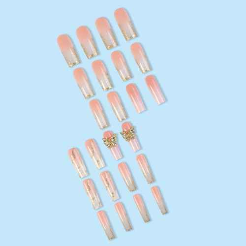 White French Tip Press On Nails Long Square Girls Fake Nails with 3D Butterfly and Gold Glitter Design, Acrylic Artificial False Nails Press Ons Stick On Nails for Women