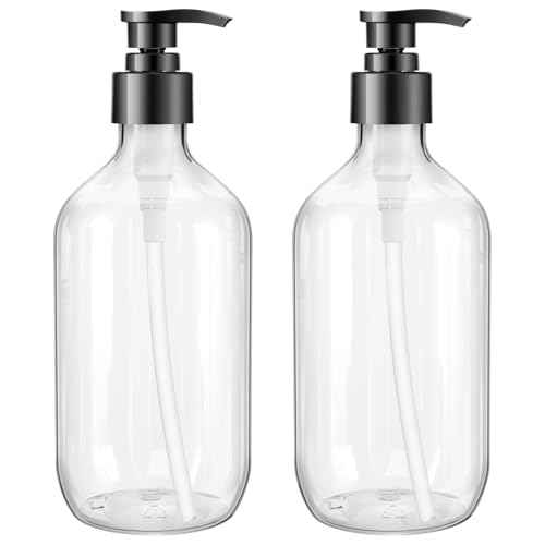 Teyssor Pump Bottle Dispenser Clear 2 Pack 500ml/16.9oz Empty Plastic Liquid Soap Dispensers, BPA-Free Refillable Container for Essential Oil Shampoo Lotion