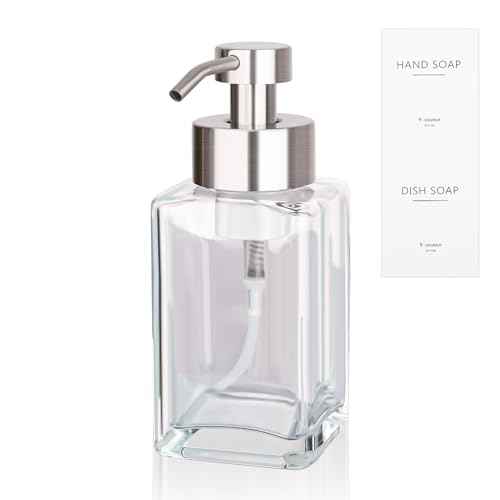 Foaming Soap Dispenser with Stainless Steel Pump, 12oz Refillable Glass Liquid Dish Soap Bottles for Bathroom, Kitchen Sink, Home Decor