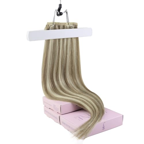 Fshine Hair Extensions Clip in Highlighted Light Brown Mixed with Platinum Blonde Clip in Hair Extensions Remy Human Hair 16 Inch Double Weft Clip in Real Hair Extensions 120g 7pcs