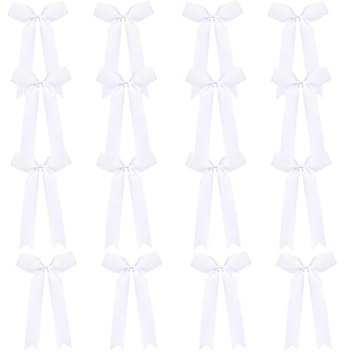 16Pcs Cheerleading Bows Long Tail Skinny Cheer Hair Bows Grosgrain Ribbon Elastic Bands Handmade Ponytail Holder for Cheerleading Girls School College Sports (Long White)