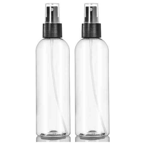 ljdeals 8 oz Clear Plastic Spray Bottles, Black Fine Mist Sprayer, Refillable Empty Bottles for Essential oils, Perfumes, Travel. Pack of 2, Made in USA