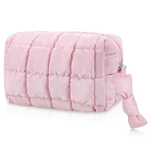 Puffy Quilted Makeup Bag, Cute Checkered Cosmetic Bags with Divider, Waterproof Travel Toiletry Bag, Make up Pouch for Women & Girls Travel Essentials (Bow, Pink, Medium)