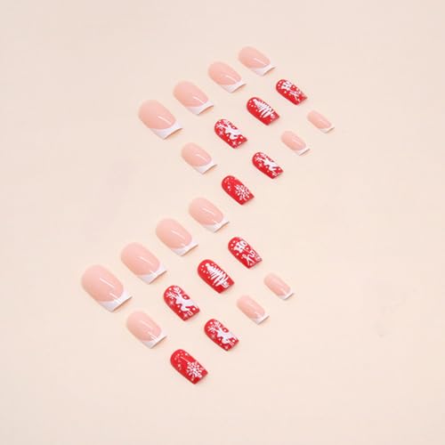 24Pcs Christmas Press-on Nails Medium Square Coffin Shaped White French Tip Nails Tips Full Cover Glue on Nails Xmas Tree Deer Snowflake Design Christmas False Nails