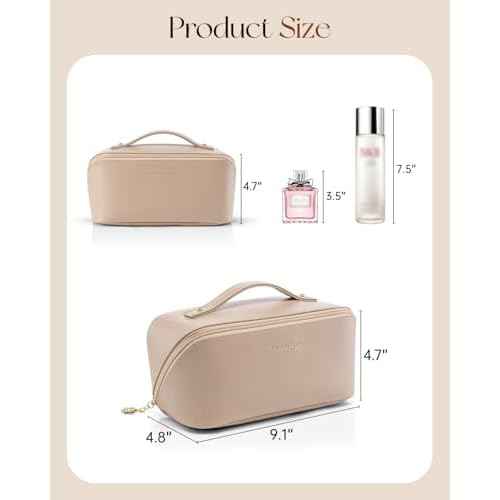 Vlando Makeup Bag,Large Capacity Travel Toiletry Bag,Cosmetic Bags for Women PU Leather Waterproof Portable Pouch with Divider & Handle-Toffee