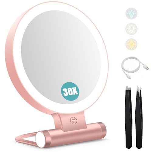B Beauty Planet Magnifying Mirror with Light 30X, Double-Sided 1X/30X Magnifying Makeup Mirror with Tweezer, 2000mAh 3 Colour Modes with Adjustable Brightness,Foldable Compact Travel Mirror(Rose Gold)
