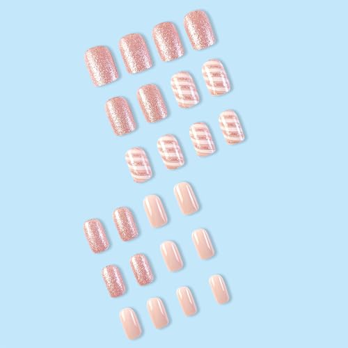 24Pcs Pink Press on Nails Short Square - QUNQINLI Christmas Glitter Fake Nails with Xmas Glitter Stripe Designs Glue on Nails Christmas Nails Full Cover Glossy Artificial False Nails for Women