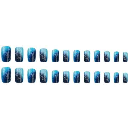 Medium Square Nails Press Ons Blue Press on Nails Blue Marble Designs False Nails Full Cover Artificial Acrylic Nails 24pcs-Deep Ocean Waves