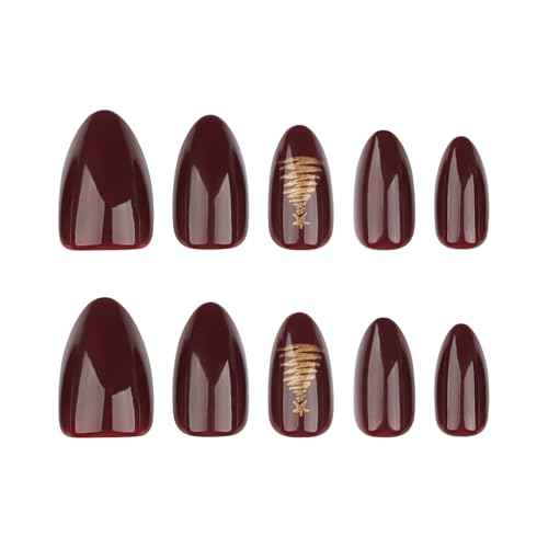 Red Press On Nails Almond Short Christmas Brown Red Fake Nails with Gold Tree Designs Fall False Nails Press Ons Glossy Full Cover Nail Tips Acrylic Artificial Glue Stick On Nails for Women 24PCS
