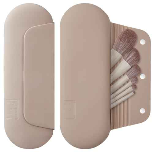 Silicone Makeup Brush Holder Travel Cosmetic Bag£ºSoft Portable Cosmetic Face Brushes Holder with Upgrade Anti-Fall Out Magnetic Closure, Large Travel Makeup Brush Case - Walnut