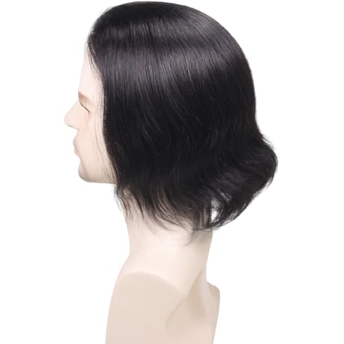 Swiss Lace Front with PU Men's Toupee Man Hairpieces Human Hair Replacement System for Men 4.5x7inch 10inches Long Hair 1B Black Color