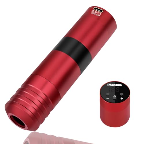 Dragoart Phantom Wireless Tattoo Machine, 2 * 1300mAh Battery Power Supply LED Screen, Coreless Motor, Professional Tattoo Machine Gun for Wireless or Wired RCA (3.5mm Stroke, Red)