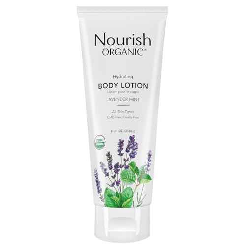 Nourish Organic Body Lotion, Lavender Mint ? Hydrating Body Lotion for Dry Skin with Certified Organic Aloe Vera, Shea Butter, Coconut Oil & Cocoa Butter (8 Oz) + Washable Cotton Round