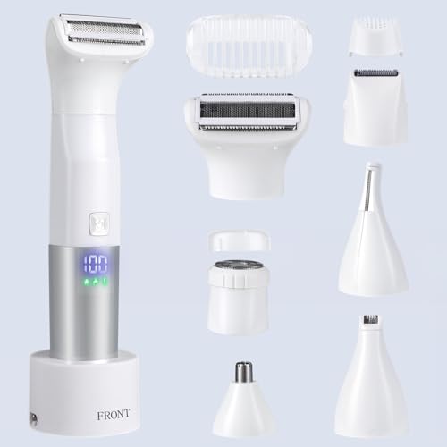Bikini Trimmer for Women, 6-in-1 Body Hair Trimmer, Facial & Pubic Hair Removal, IPX7 Waterproof Wet & Dry Grooming Electric Shaver Kit,Cordless Travel Razor with USB Charging Dock