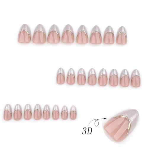Almond Press on Nails Short Fake Nails White French Glue on Nail Glod & Brown Full Cover Acrylic Nails Smudge Reusable False Simple Stick on Nail for Women 24 Pcs